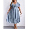 Plus Size Ruffles Dress Plain Color Frilled Cinched Textured Casual Midi Dress - LIGHT BLUE 2XL