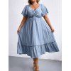 Plus Size Ruffles Dress Plain Color Frilled Cinched Textured Casual Midi Dress - LIGHT BLUE 2XL