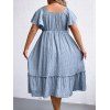 Plus Size Ruffles Dress Plain Color Frilled Cinched Textured Casual Midi Dress - LIGHT BLUE 2XL