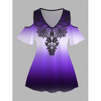 

Plus Size Ombre Print T Shirt Cold Shoulder V Neck Casual Tee, Purple