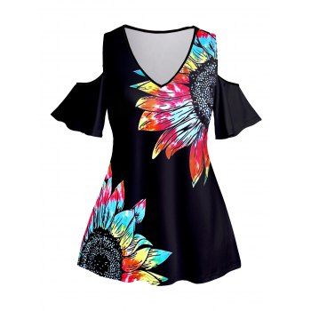 

Plus Size Sunflower Print T Shirt Cold Shoulder V Neck Casual Tee, Black