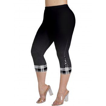 

Plus Size Plaid Print Capri Leggings Elastic Waist Cropped Leggings, Black