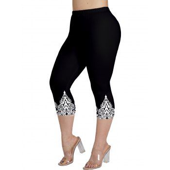 

Plus Size Ethnic Print Capri Leggings Elastic Waist Casual Cropped Leggings, Black