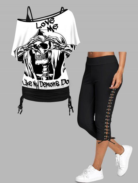 Skull and Slogan Print Oblique Shoulder Cinched Ruched Tops and Lace Up Crop Leggings Casual Outfit