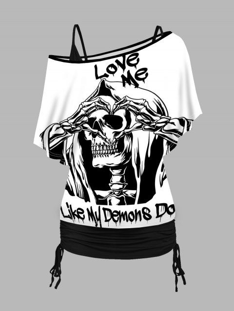 Skull and Slogan Print Oblique Shoulder T Shirt and Cinched Ruched Tank Top Set
