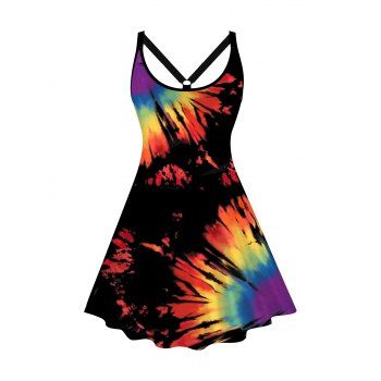 

Plus Size Spiral Tie Dye Print Tank Dress U Neck A Line Casual Mini Dress, Multicolor a