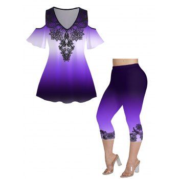 

Plus Size Ombre Print Cold Shoulder V Neck T Shirt and High Waist Capri Leggings Casual Outfit, Purple