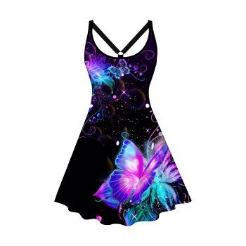 

Plus Size Dreamy Butterfly Print Tank Dress Crossover A Line Casual Mini Dress, Purple