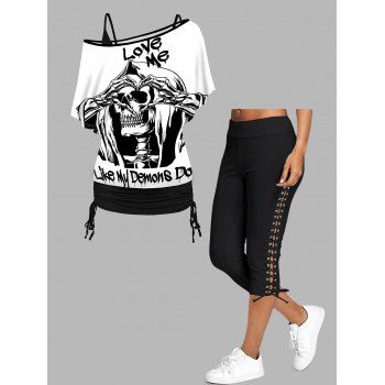 

Skull and Slogan Print Oblique Shoulder Cinched Ruched Tops and Lace Up Crop Leggings Casual Outfit, Multicolor