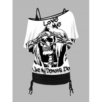 

Skull and Slogan Print Oblique Shoulder T Shirt and Cinched Ruched Tank Top Set, White