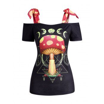 

Tied Strap T Shirt Mushroom and Lunar Eclipse Print Cold Shoulder Casual Tee, Black