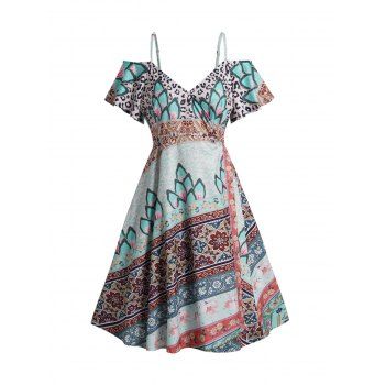 

Ethnic Print Vintage Dress Adjustable Strap Cold Shoulder A Line Midi Dress, Light green