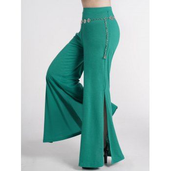 

Chain Slit Flare Pants Plain Color High Waist Casual Pants, Deep green