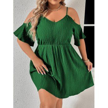 

Plus Size Crinkle Dress Cold Shoulder Adjustable Spaghetti Strap Flowy Mini Dress, Green