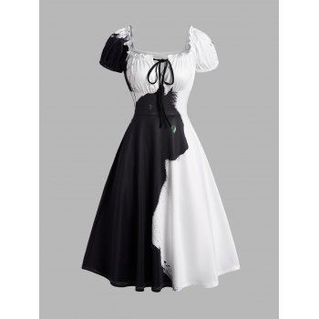 

3D Cat Print Colorblock Dress Tied A Line Casual Milkmaid Dress, Black