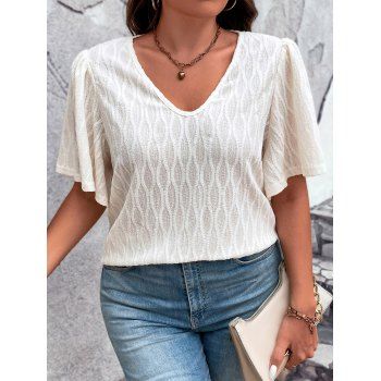 

Plus Size Textured T Shirt Plain Color Flutter Sleeve V Neck Casual Top, White