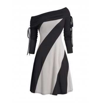 

Colorblock Skew Neck Dress Long Sleeve Cinched Casual Mini Dress, Black