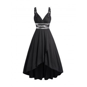 

Sequins Buckle Strap Dress Grommet Adjustable Strap Sleeveless Midi Dress, Black