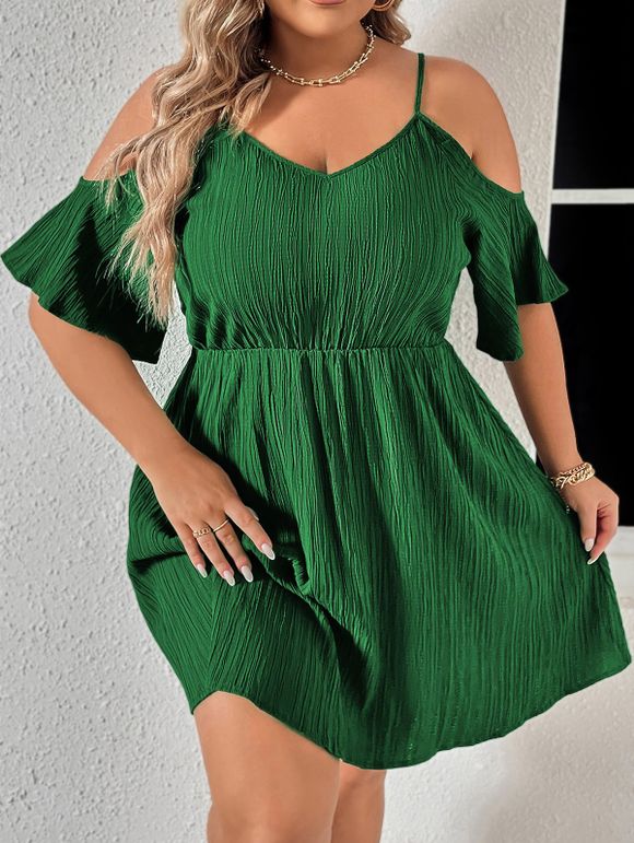 Plus Size Crinkle Dress Cold Shoulder Adjustable Spaghetti Strap Flowy Mini Dress - GREEN 1XL