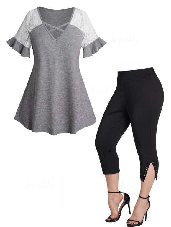 Plus Size Lace Ruffle Crisscross T Shirt and Grommet Rivet Slit Capri Leggings Casual Outfit - multicolor A L