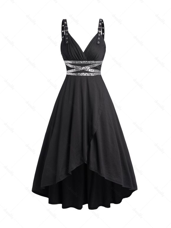 Sequins Buckle Strap Dress Grommet Adjustable Strap Sleeveless Midi Dress - BLACK XXL