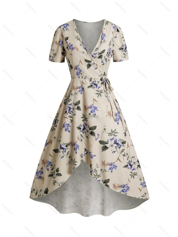 Robe Mi-longue Enveloppée Décontractée Ceinturée à Imprimé Florale à Col Plongeant - Jaune clair XL