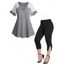 Plus Size Lace Ruffle Crisscross T Shirt and Grommet Rivet Slit Capri Leggings Casual Outfit - multicolor A L