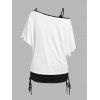 Skull and Slogan Print Oblique Shoulder T Shirt and Cinched Ruched Tank Top Set - WHITE XL