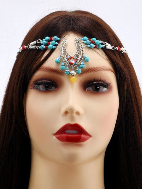 Accessoire Chaîne de Tête avec Pendentif en Perles Turquoises Fantaisies Style Bohémien
