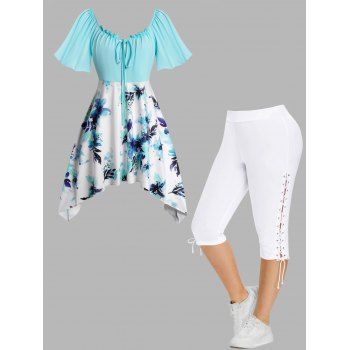 

Plus Size Aquarelle Flower Print Tie T Shirt and Lace Up Cropped Leggings Casual Outfit, Light blue