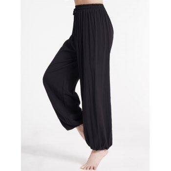 

Plain Color Loose Pants Drawstring Elastic Waist Casual Pants, Black