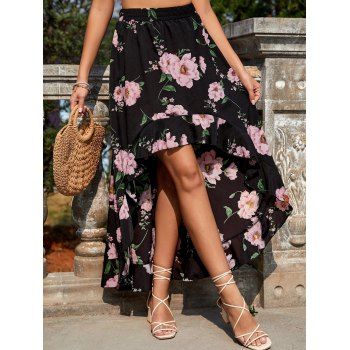 

Flower Print Skirt Flounce High Low Hem Elastic Waist Casual Skirt, Black