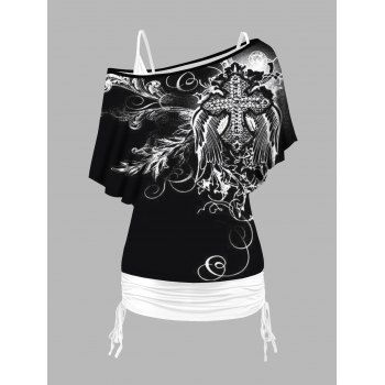 

Wings and Cross Print Skew Neck T Shirt and Cinched Ruched Long Camisole Set, Black