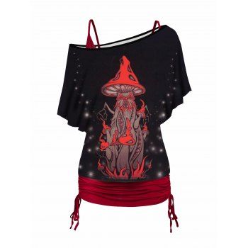 

Mushroom Print Oblique Shoulder T Shirt and Cinched Ruched Long Camisole Set, Black