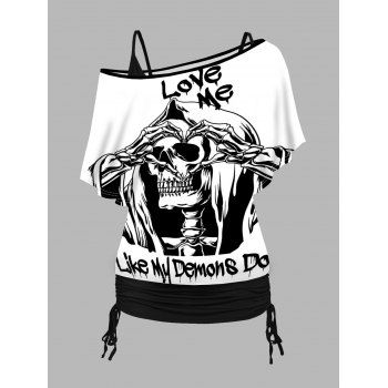 

Plus Size Skeleton Print Skew Neck T Shirt and Cinched Ruched Long Camisole Set, White