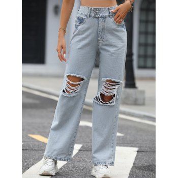 

Ripped Denim Jeans Pockets High Waist Light Wash Casual Jeans, Light blue