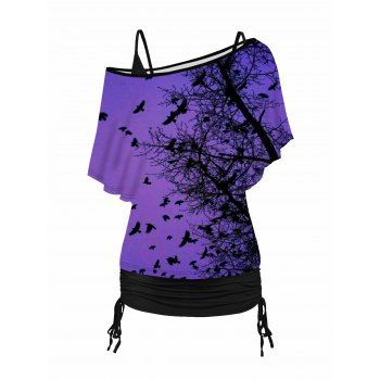 

Tree and Crow Print Skew Neck T Shirt and Cinched Ruched Long Camisole Casual Set, Concord