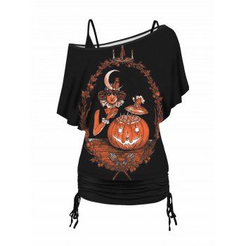 

Pumpkin and Witch Print Skew Neck T Shirt and Cinched Long Camisole Set, Black