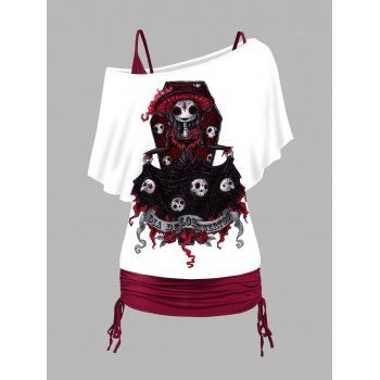 

Skull Print Oblique Shoulder T Shirt and Cinched Ruched Long Camisole Colorblock Set, White