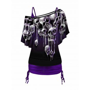 

Skull Print Oblique Shoulder T Shirt Cinched Ruched Long Camisole Set, Black
