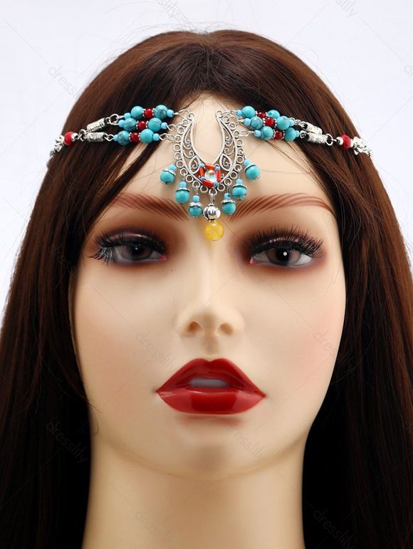 Accessoire Chaîne de Tête avec Pendentif en Perles Turquoises Fantaisies Style Bohémien - Bleu 