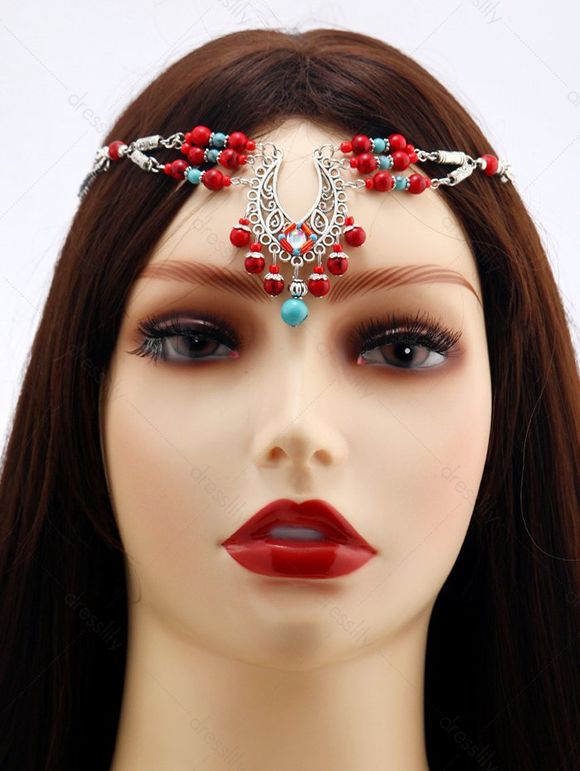 Accessoire Chaîne de Tête avec Pendentif en Perles Turquoises Fantaisies Style Bohémien - Rouge 
