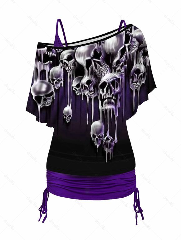 Ensemble de T-shirt à Imprimé Crâne à Epaule Oblique et Camisole Longue Ruché - Noir XXL