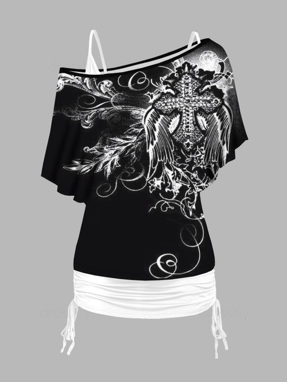 Ensemble de T-shirt Ailes et de Croix à Col Oblique à Volants et de Camisole Longue - Noir L
