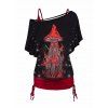 Ensemble de T-shirt à Imprimé Champignon à Epaule Oblique et de Camisole Longue Ruché - Noir L