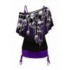 Ensemble de T-shirt à Imprimé Crâne à Epaule Oblique et Camisole Longue Ruché - Noir XXL