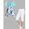 Plus Size Aquarelle Flower Print Tie T Shirt and Lace Up Cropped Leggings Casual Outfit - LIGHT BLUE L