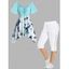 Plus Size Aquarelle Flower Print Tie T Shirt and Lace Up Cropped Leggings Casual Outfit - LIGHT BLUE L