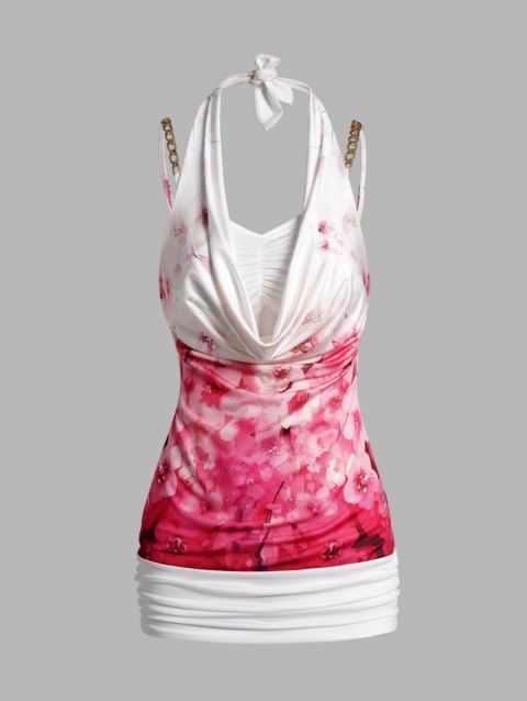 Floral Print Halter Neck Tank Top Chain Strap Cinched Casual Faux Twinset Top