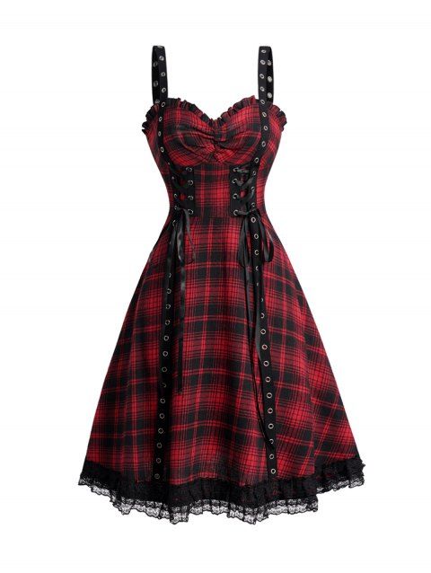 Plaid Print Lace Up Ruffles Gothic Dress Grommet Strap Ruched Lace Hem Mini Dress